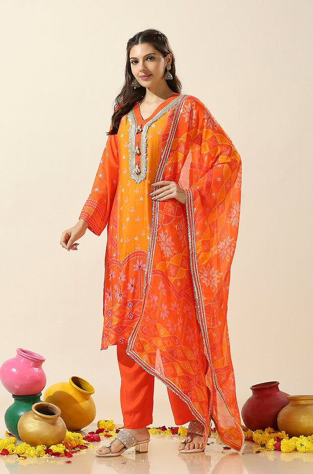 HEERIYE-Orange Bandhani Three Piece Set