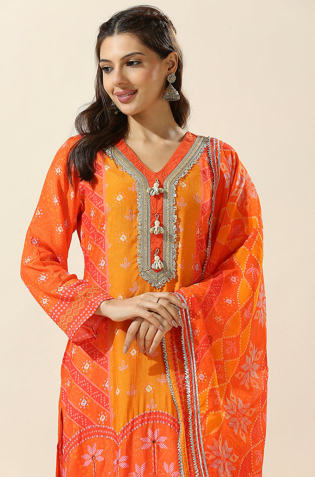 HEERIYE-Orange Bandhani Three Piece Set