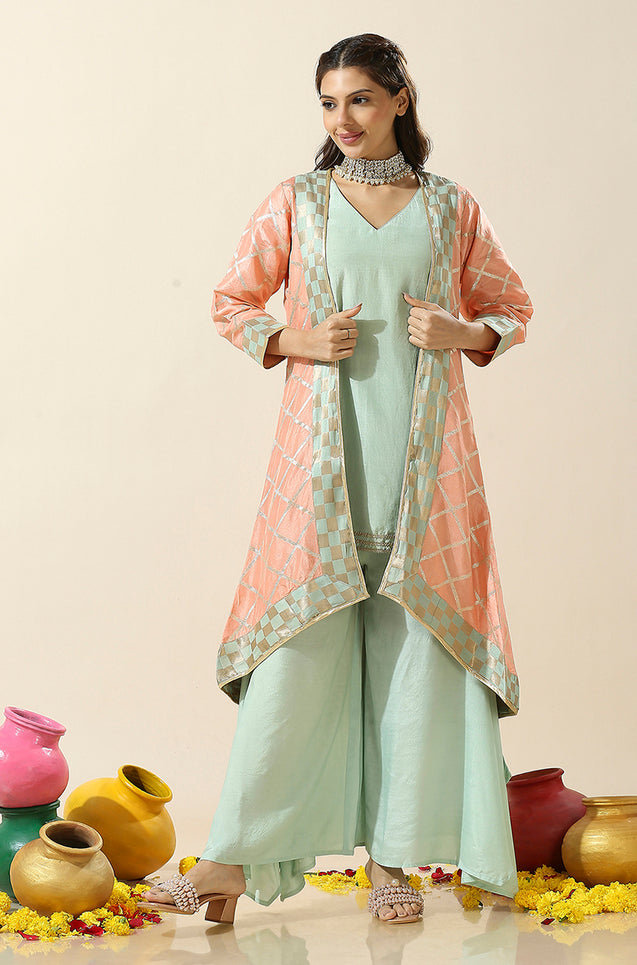 Noorani-Peach & Aqua Kurta with Palazzo and Jacket