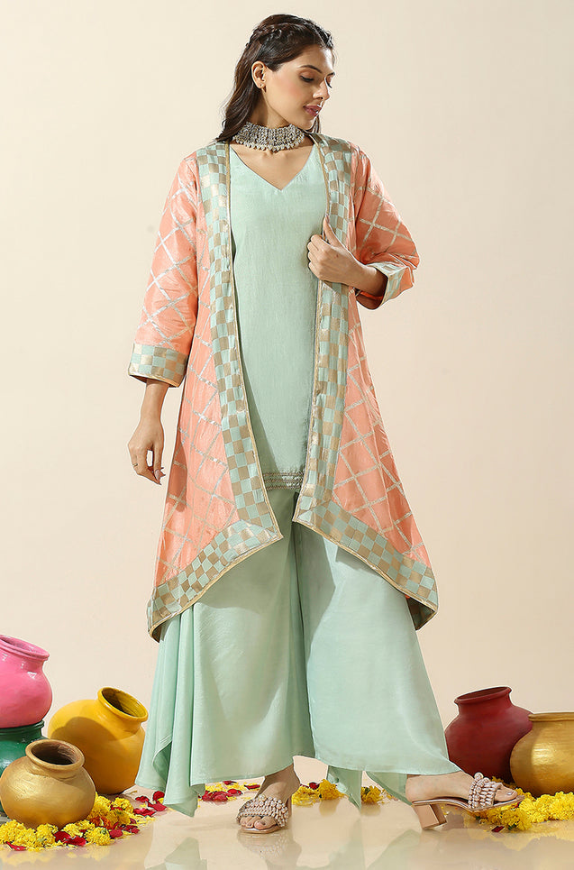 Noorani-Peach & Aqua Kurta with Palazzo and Jacket