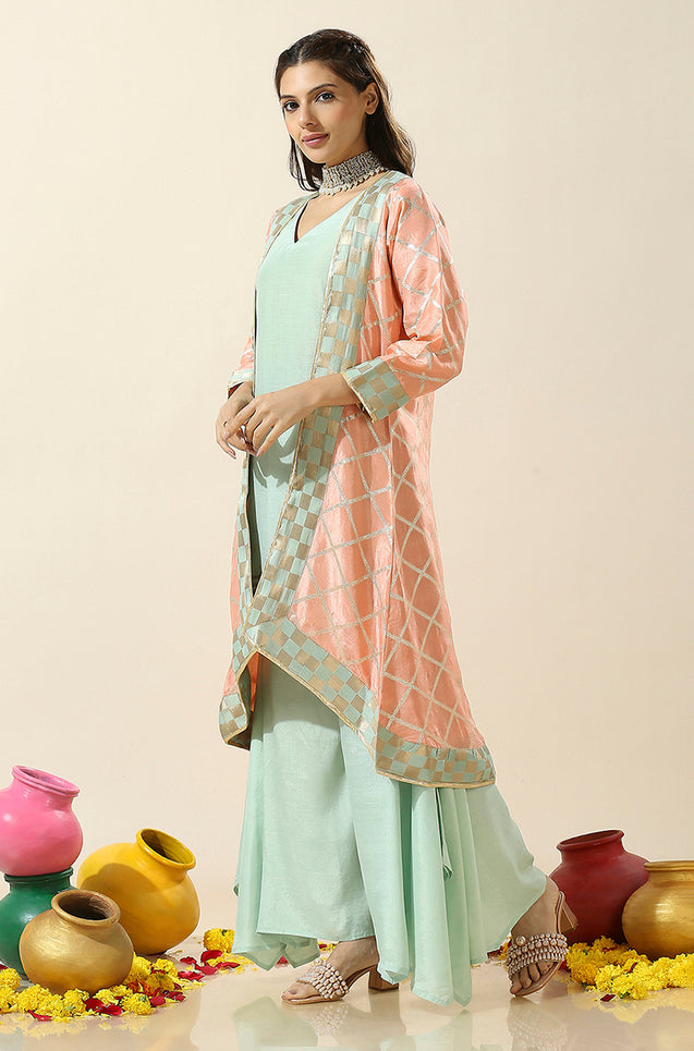 Noorani-Peach & Aqua Kurta with Palazzo and Jacket