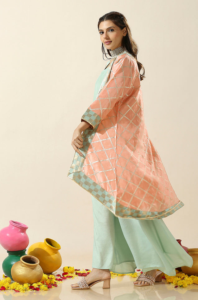 Noorani-Peach & Aqua Kurta with Palazzo and Jacket