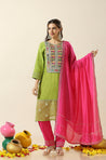 RAAS-Green Three Piece Suit Set with Pink Dupatta