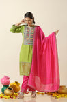 RAAS-Green Three Piece Suit Set with Pink Dupatta