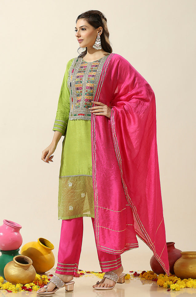 RAAS-Green Three Piece Suit Set with Pink Dupatta