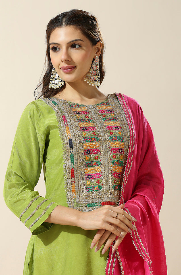 RAAS-Green Three Piece Suit Set with Pink Dupatta