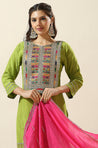 RAAS-Green Three Piece Suit Set with Pink Dupatta