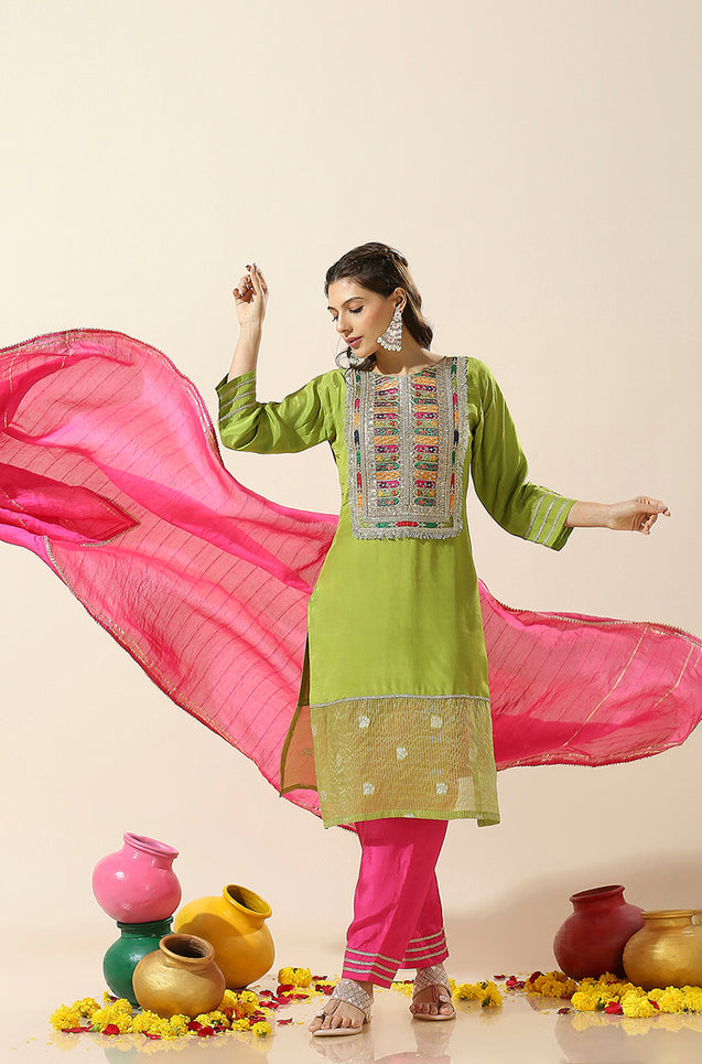 RAAS-Green Three Piece Suit Set with Pink Dupatta