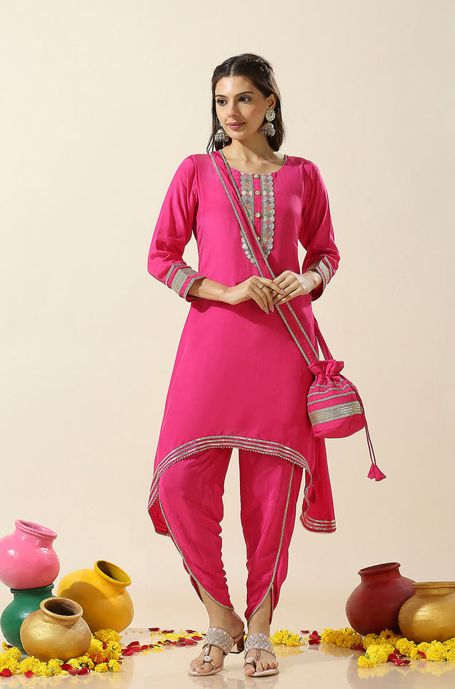 Raas-Hot Pink Two Piece Set With Potli Bag