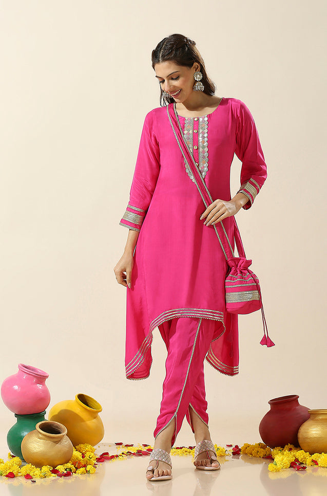 Raas-Hot Pink Two Piece Set With Potli Bag