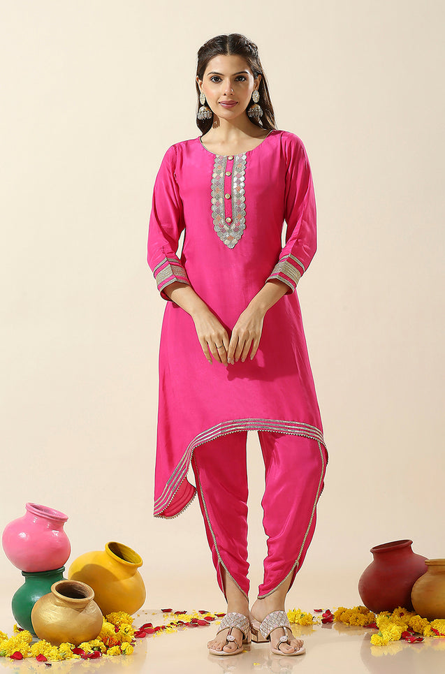 Raas-Hot Pink Two Piece Set With Potli Bag