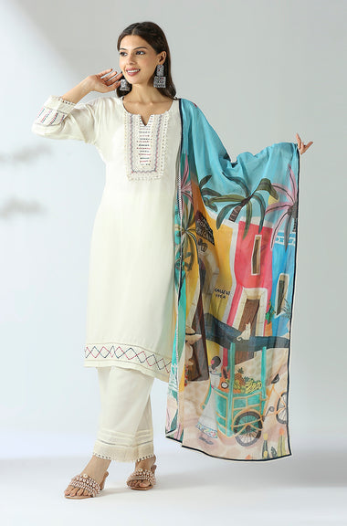 MALANG-Cream Three Piece Suit Set With Printed Dupatta