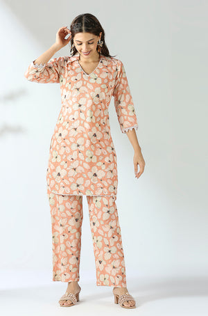 Peach Floral Hakoba Co-ord Set