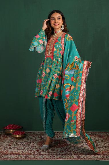 GEET-Jade Green Three Piece Suit Set With Printed Dupatta