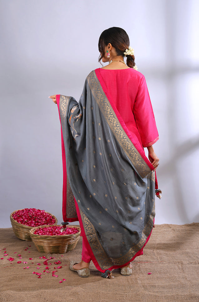ROOH- Deep Pink Three Piece Suit Set  With contrast Dupatta