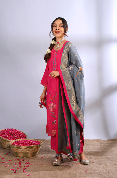 ROOH- Deep Pink Three Piece Suit Set  With contrast Dupatta