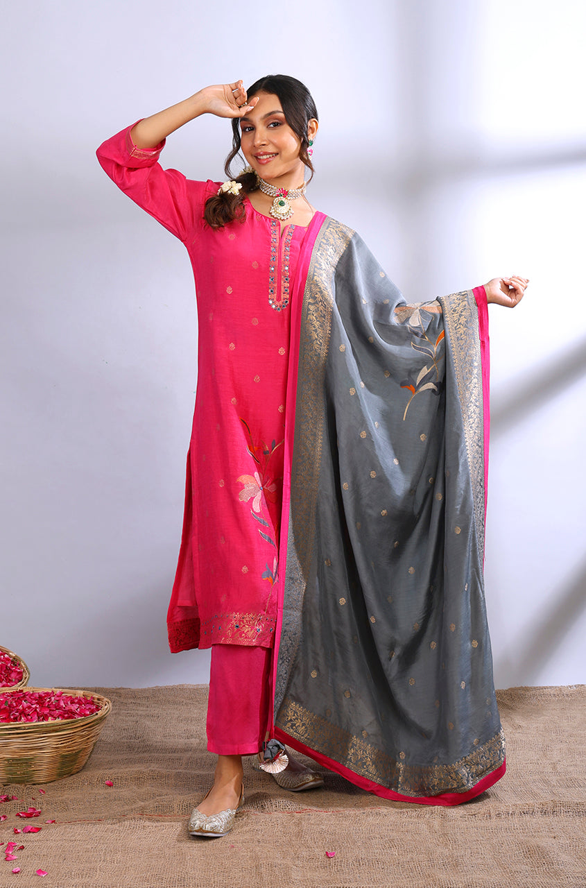 Contrast Pink And Rani Colour Unstitched Suit Set – Krishanlalraman