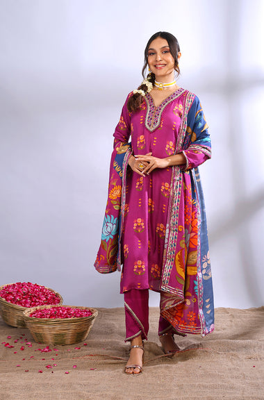 GEET -Midnight Purple Three Piece Suit Set  With Printed Dupatta