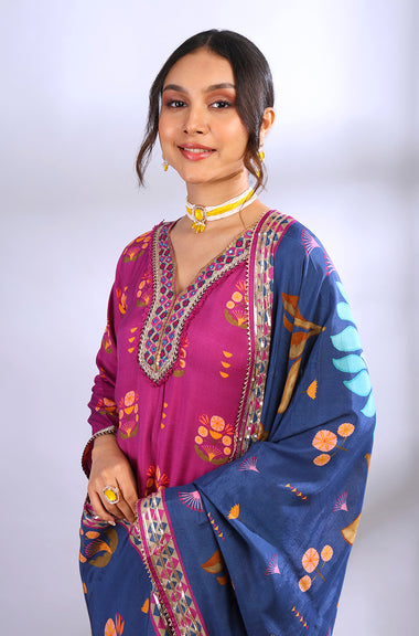 GEET -Midnight Purple Three Piece Suit Set  With Printed Dupatta