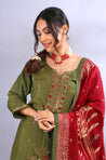 ROOH- Green Three Piece Suit Set With Contrast Dupatta