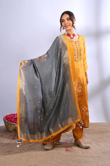 ROOH- Mustard Three Piece Suit Set With Contrast Dupatta