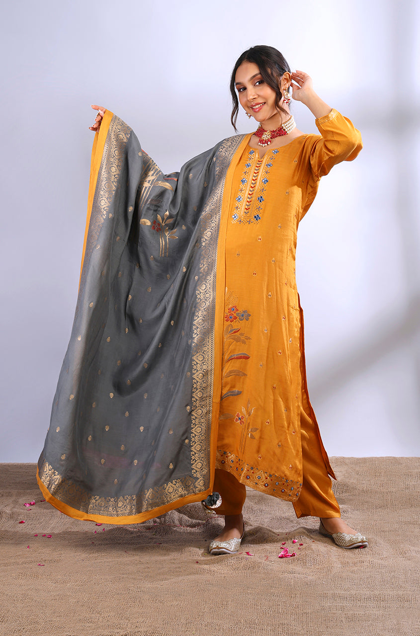 Casual Yellow Georgette Thread & Embroidery Work Pant Suit
