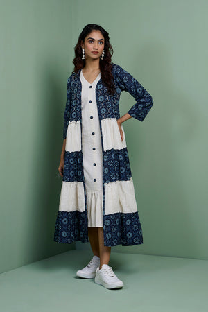 MASTANEY - Cotton Indigo Tiered Jacket With Ruffle Dress