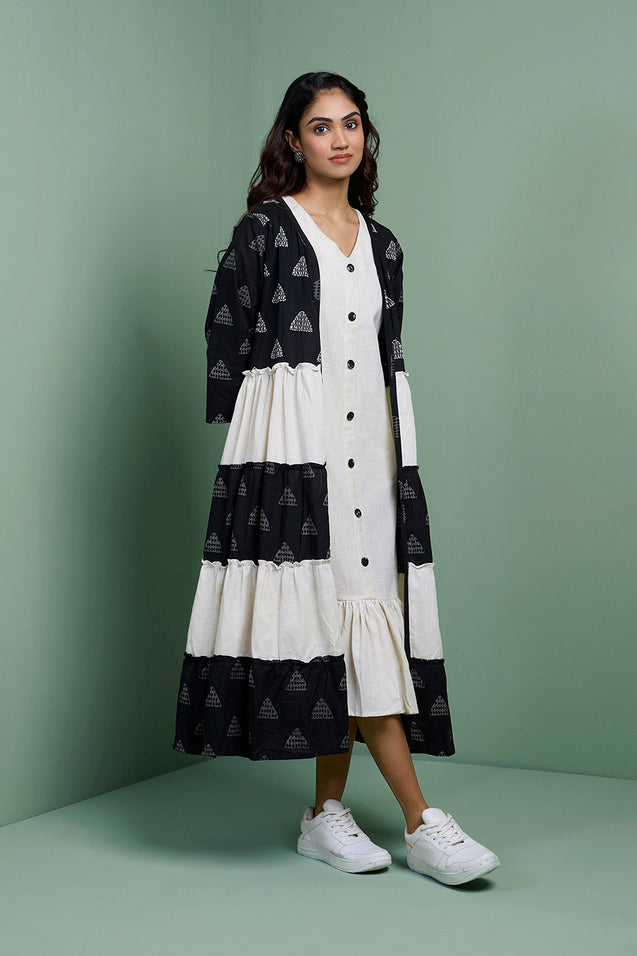 MASTANEY - Cotton Black & White Tiered Jacket With Ruffle Dress