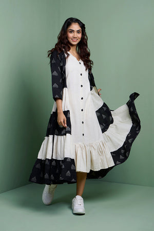 MASTANEY - Cotton Black & White Tiered Jacket With Ruffle Dress