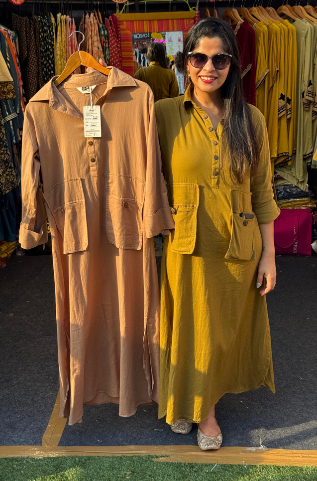 Beige Button Detail Shirt  Dress