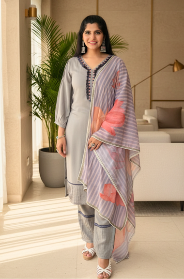 MALANG-Grey Three Piece Suit Set With Printed Dupatta
