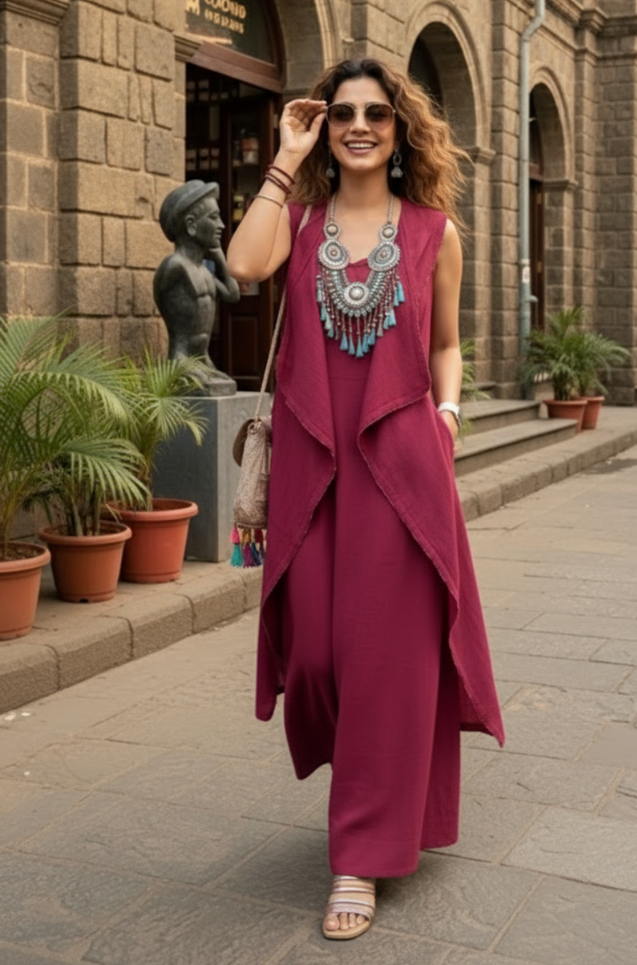 Rozana - Beetroot Pink long Gown With Jacket