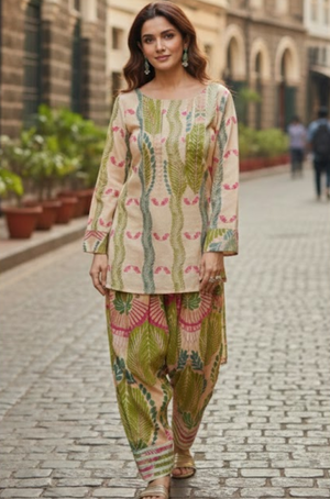 AAFREEN- Beige Floral Printed Farshi Salwar set with Potli Bag