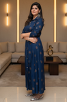 Navy Blue Printed Button Down Shirt  Gown With Belt