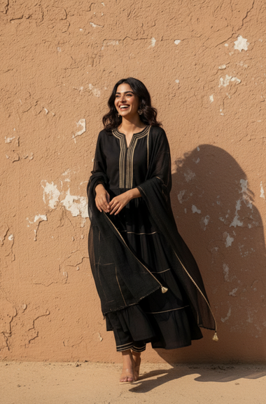 ROOH- Black Anarkali  Three piece set with Dupatta