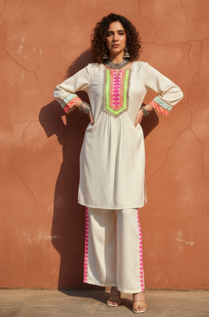 JUGNI-Neon Off-white Solid  Two -Piece Set