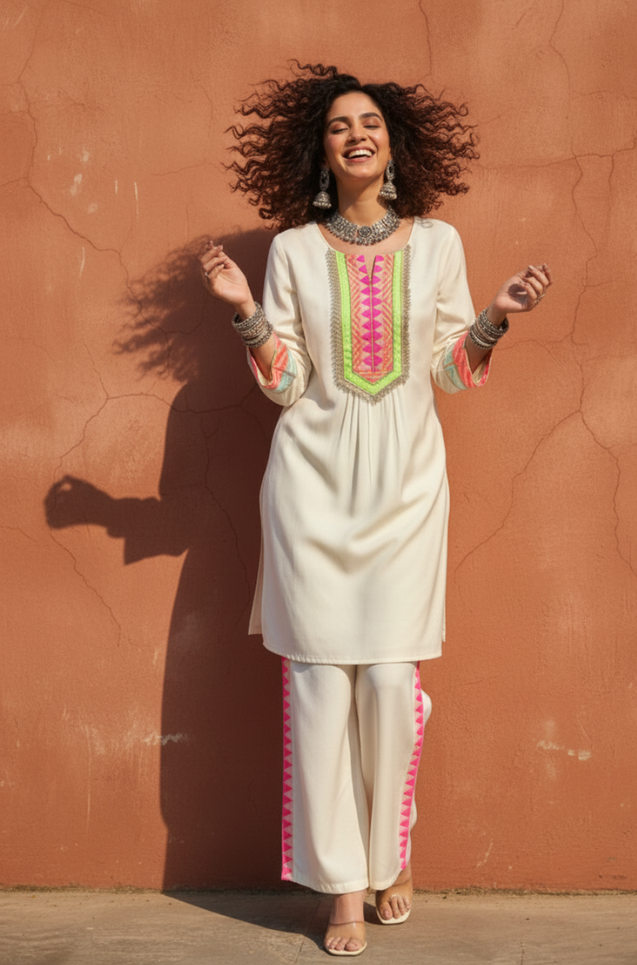 JUGNI-Neon Off-white Solid  Two -Piece Set