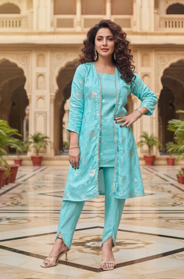 PHULJARI- Pastel Blue Three Piece set with Inner and Jacket