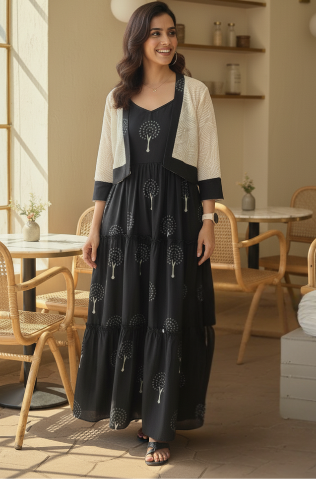 REZAAR- Black Tiered Gown With Knit Jacket