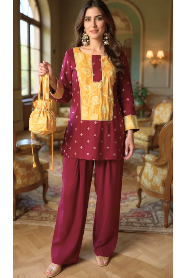 PHULJARI - Elegant Maroon Farshi Salwar Set With Potli Bag