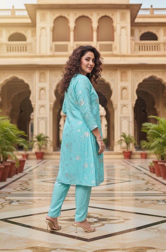 PHULJARI- Pastel Blue Three Piece set with Inner and Jacket