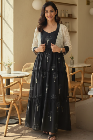 REZAAR- Black Tiered Gown With Knit Jacket