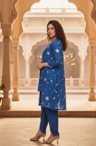PHULJARI- Royal Blue Three Piece set with Inner and Jacket