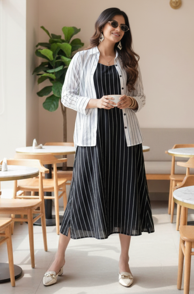 REZAAR-Striped A-line Dress With Shirt