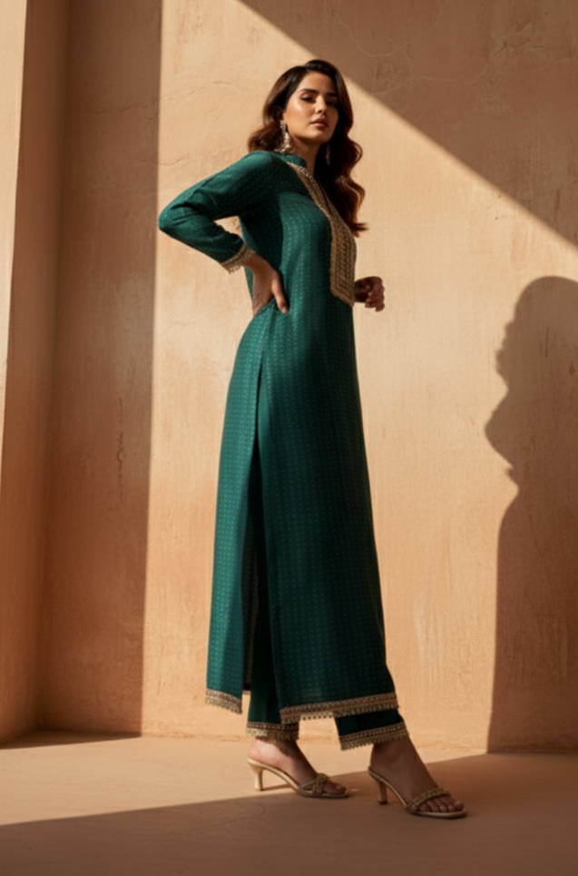 PHULJARI -Bottle Green  Two Piece Set