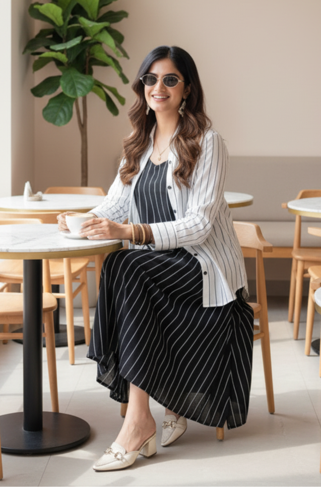 REZAAR-Striped A-line Dress With Shirt