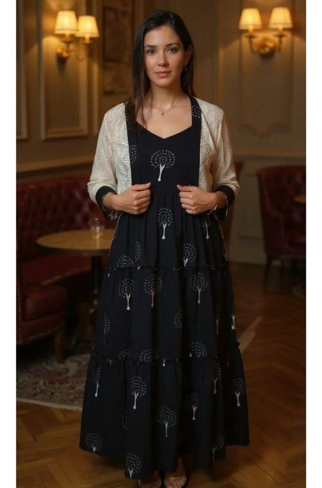 REZAAR- Black Tiered Gown With Knit Jacket