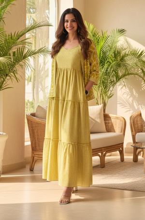 REZAAR-  Lime Green Striped Tiered Gown with Printed Jacket