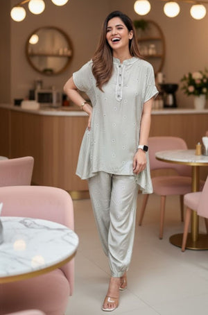 SEHAJ- Soft Grey BandhaniTwo Piece Set