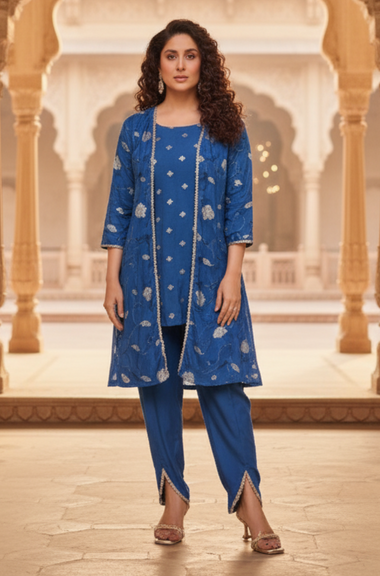 PHULJARI- Royal Blue Three Piece set with Inner and Jacket